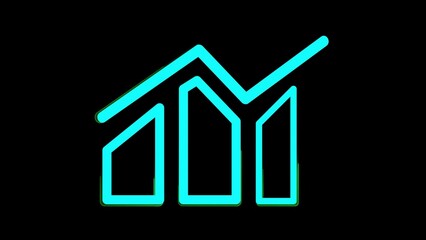 Abstract Neon Graphic with Houses and Rising Arrow on Black Background