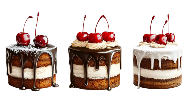 Delicious cherry-topped cakes with chocolate drizzle and cream layers