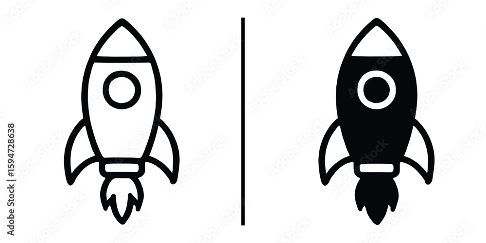 Poster rocket icon: two distinct rocket icons, one outlined and the other solid, side by side, creating a s