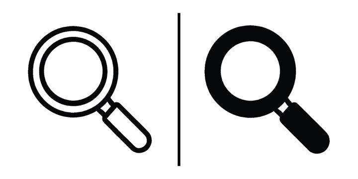 Magnifying Glass Icon Set: A set of two magnifying glass icons side by side, each representing the concept of exploration and discovery, one is outlined and the other is filled with solid black.
