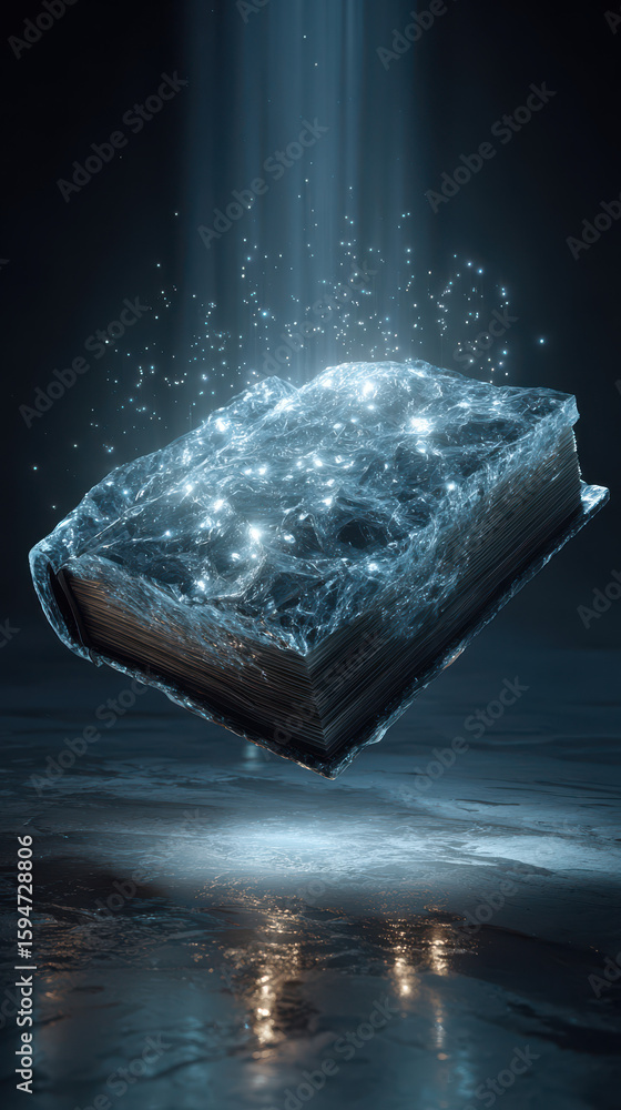 Poster illuminated floating book with magical effects background image
