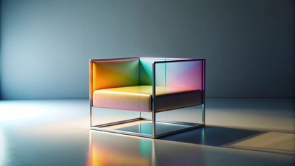 Modern iridescent armchair in minimalist setting, showcasing sleek metallic frame and vibrant gradient upholstery