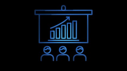 Blue Presentation Icon with Rising Chart and Audience on Black Background