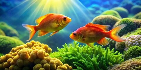 Two vibrant orange fish gracefully swim amidst a lush underwater coral reef, bathed in sunlight