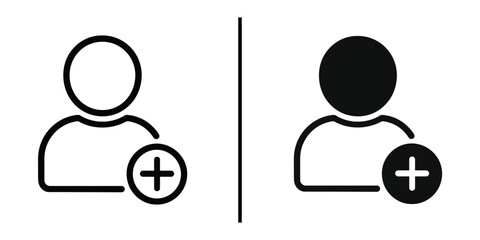 User Icons: Symbolic icons of user profiles. An open outline and solid silhouette featuring the universal symbol for adding, represent the core of connection, and expansion.