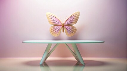 Pastel Butterfly Hovering Above a Modern Oval Table Against a Soft Pink Wall