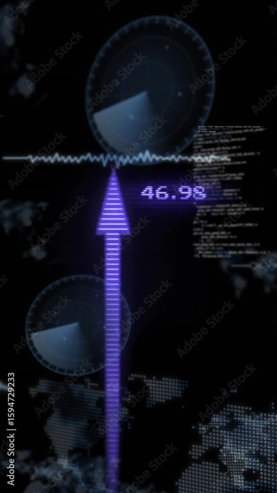 Poster animation of financial data processing with arrows over black background