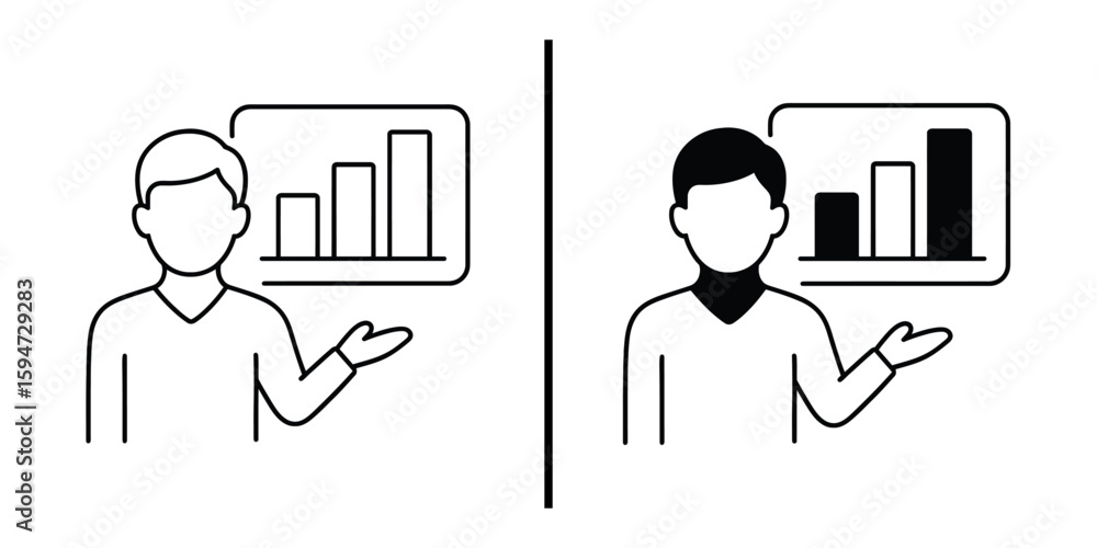 Aufkleber data presentation duo: a paired depiction of individuals presenting graphical data, highlighting ins