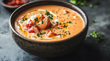 Creamy Lobster Bisque in a Rustic Bowl Garnished with Herbs and Black Pepper