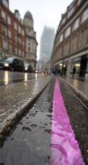 Obraz premium Pink line on wet city street pavement.
