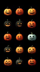 Various jack-o'-lanterns displayed in a creative arrangement for Halloween celebration or decoration purpose