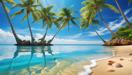 Coconut Trees Swing Over Clear Turquoise Waters and Soft Golden Sand