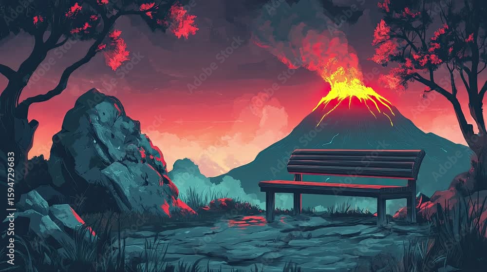 Wall mural a view of a bench with a view of an erupting volcano. 4k animated video
