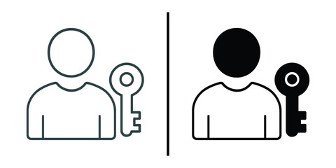 Access and Security: A minimalistic illustration showcases the concept of access and security with two contrasting human silhouettes, one open and the other closed, each holding a key.