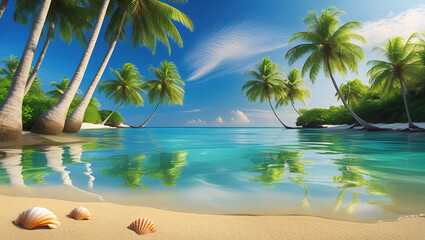 tropical beach with palm trees and blue sky