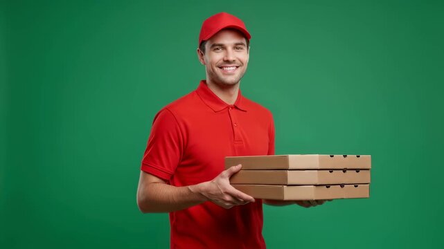 A delivery man in a red uniform smiling while holding a stack of pizza boxes on a green background footage.
