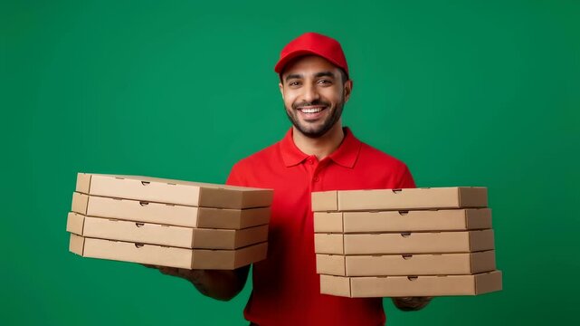 Smiling man in red uniform holds stacks of pizza boxes for food delivery or restaurant service on a green background footage.
