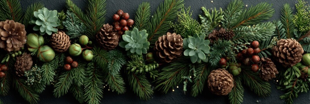 Festive decoration featuring pinecones, greenery, and berries on a dark background for holiday celebrations