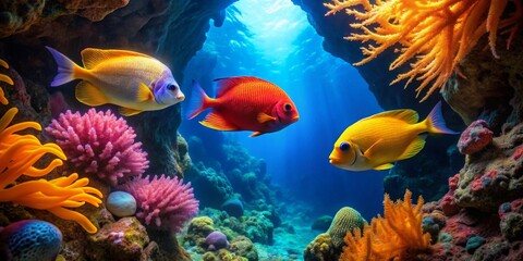 Vibrant Reef Inhabitants Gracefully Swimming Amongst Colorful Coral and Rocks in Underwater Paradise