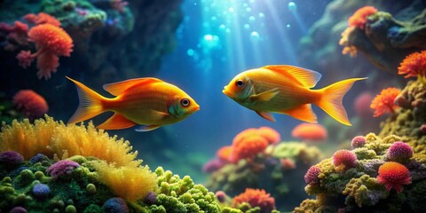 Vibrant aquatic scene featuring two goldfish gracefully swimming amidst a lush coral reef, bathed in sunlight