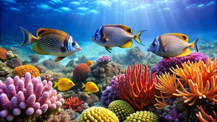 Vibrant Reef Scene Featuring Colorful Fish and Diverse Coral Formations in a Sunlit Underwater Paradise