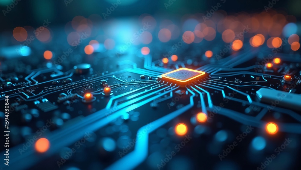 Poster technology innovation and digital connectivity concept with glowing microchip on futuristic electron