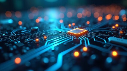 Technology innovation and digital connectivity concept with glowing microchip on futuristic electronic circuit board background