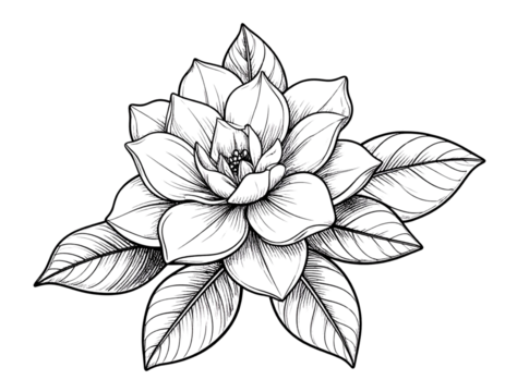 Detailed Black Ink Line Art Illustration of Gardenia Flower, isolated on transparent background