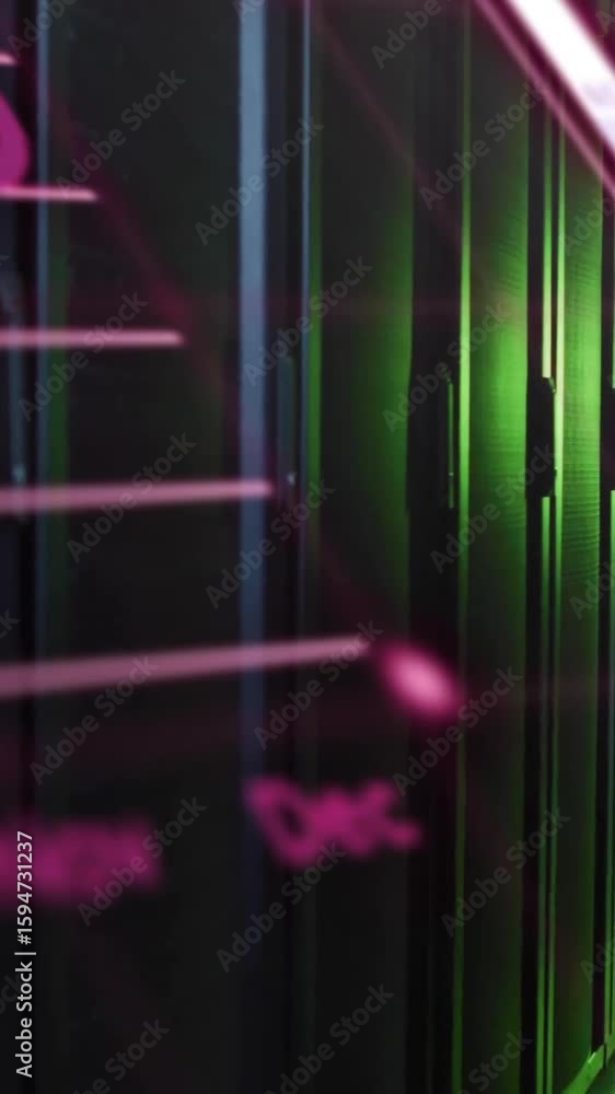 Poster data processing animation over server racks in dimly lit data center