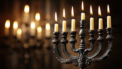 Ornate candelabra with lit candles in a dark setting.