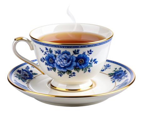  “Vintage Teacup with Blue Floral Pattern and Steam, Transparent Background”