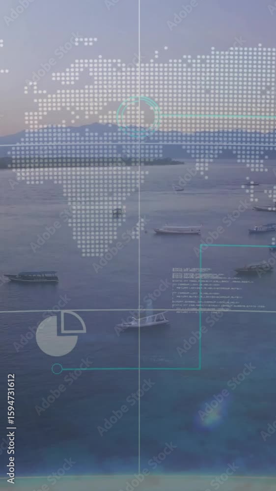 Poster world map and data analytics animation over coastal landscape with boats