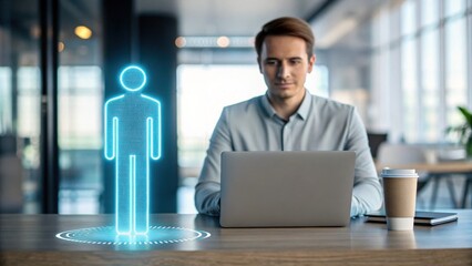 AI for Remote Work Coaching A businessman interacts with a holographic figure while working on a laptop in a modern office setting.
