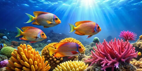 Vibrant Reef Scene Featuring Colorful Fish and Corals in a Sunlit Underwater Paradise