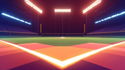 Digital Art of a Nighttime Baseball Field with Illuminated Stadium Lights