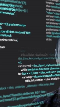 Computer code animation over serious woman in dark background, focusing on screen