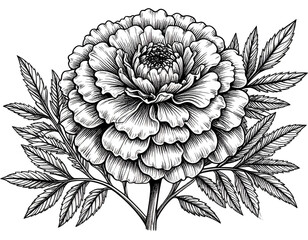 Detailed Black Ink Line Drawing of Marigold Bloom, isolated on transparent background