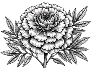 Detailed Black Ink Line Drawing of Marigold Bloom, isolated on transparent background