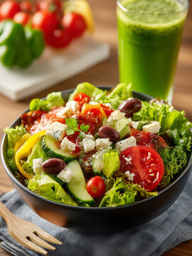 Vegan Greek Salad Bowl with Green Smoothie