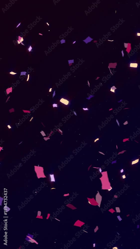 Poster colorful confetti falling with glowing particle trails animation on dark background