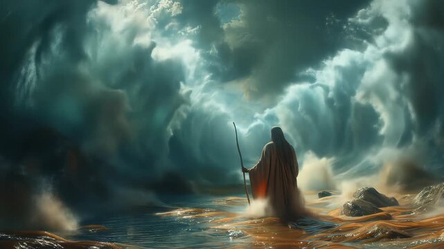 Moses sea miracle: prophet commands liquid border, divine power, sacred shift, eternal story, spiritual energy, biblical force, cosmic divide, holy wonder, script tale, heavenly intent