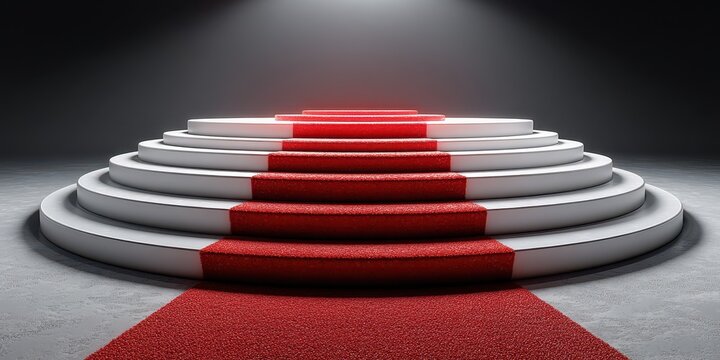 Red carpet steps in a spotlight setting ideal for awards ceremonies or events showcasing achievements