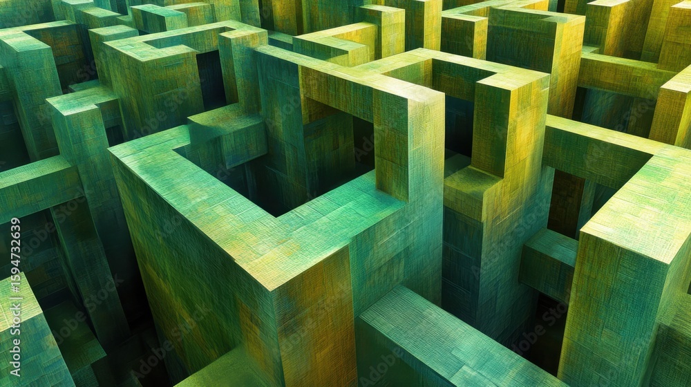 Aufkleber abstract green maze structure with geometric forms and depth perspective