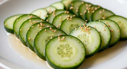 Thinly sliced cucumbers arranged on a plate, dressed with sesame seeds and a light sauce.