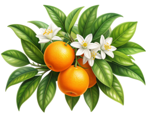 Detailed Botanical Illustration of Orange Branch with Blossoms and Fruit, isolated PNG