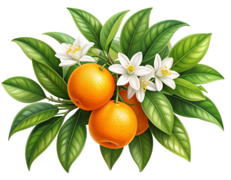 Detailed Botanical Illustration of Orange Branch with Blossoms and Fruit, isolated PNG