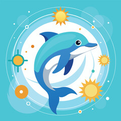 Smiling Dolphin and Planets – Fantasy Ocean Cartoon Illustration