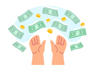 Hands catching falling money bills and coins. Financial success, successful investments and business commerce