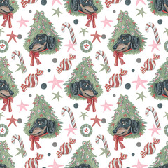 Dachshund Christmas Tree Seamless Pattern, Seamless Pattern, Christmas Png,Digital Download, Digital Pattern Sublimation and Crafts

