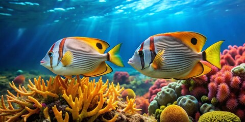Oceanic Pair Vibrant Reef Fish Gracefully Interact Amidst a Lush Coral Garden